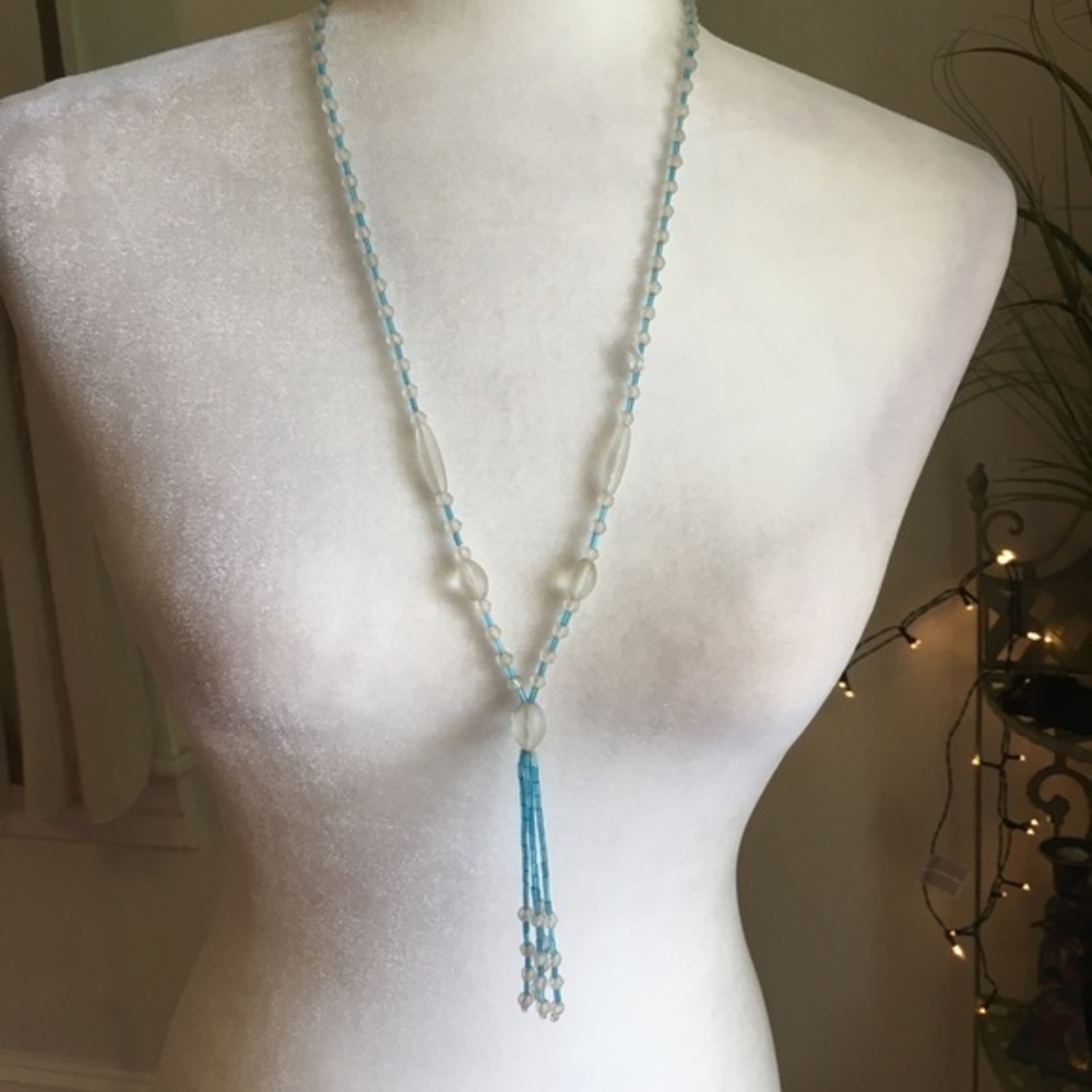 Beaded Boho Tassel LONG Necklace Turquoise